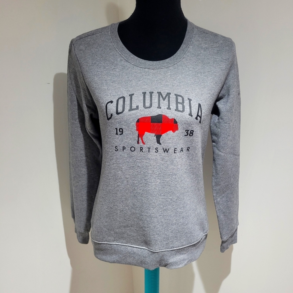 Columbia Hart Mountain ll Graphic Crew Buffalo Print Sweatshirt Size Small Gray